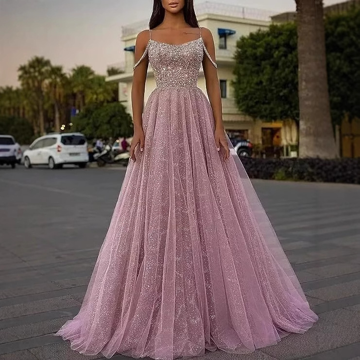 Vestido de noche de gala transparente con hombros descubiertos, estilo nuevo transfronterizo, brillante, para comercio exterior, 2026, venta al por mayor. image 6