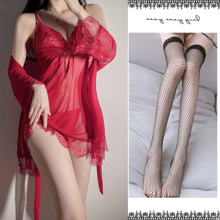 레드 (잠옷 + T바지 + 겉옷 + 블랙 망사스타킹)