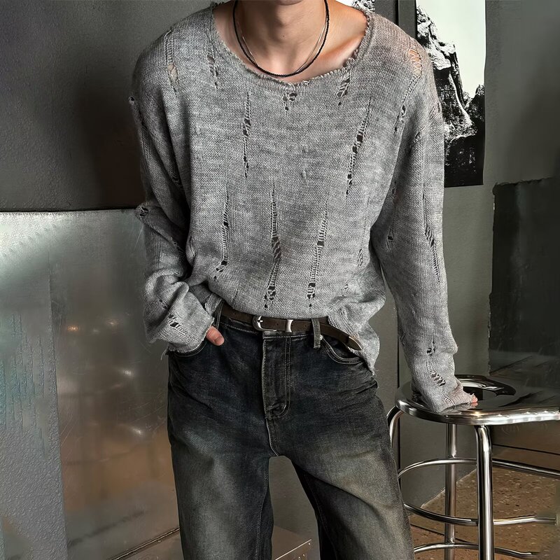 2025 Spring and Autum New Fashion Sweater Men's Retro Loose Hole Brushed Distressed Trendyy Knitted Long-Sleeved T-Shirt