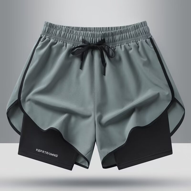 Ice Silk Shorts Men's Three-point Summer Breathable Loose Fitness Sports Running Shorts Fashion Brand Fake Two-piece Basketball Pants
