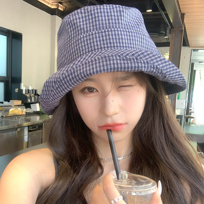 Korean Retro Navy Blue Plaid Rolled-Edge Fisherman Hat Summer Thin Large-Brim Sunshade Sun Protection Bucket Hat Versatile Korean Retro Navy Blue Plaid Rolled-Edge Fisherman Hat Summer Thin Large-Brim Sunshade Sun Protection Bucket Hat Versatile