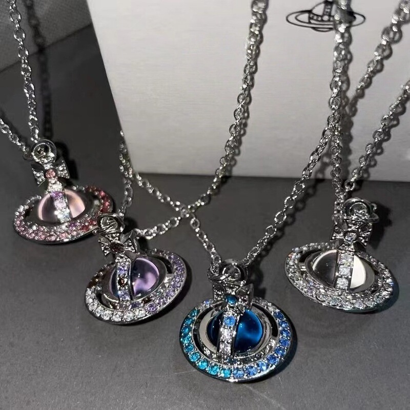 High-End Empress Gradient Diamond Orb Necklace for Women, Colorful Multi-Color Saturn Chain Necklace for Women, Light Luxury Clavicle Chain