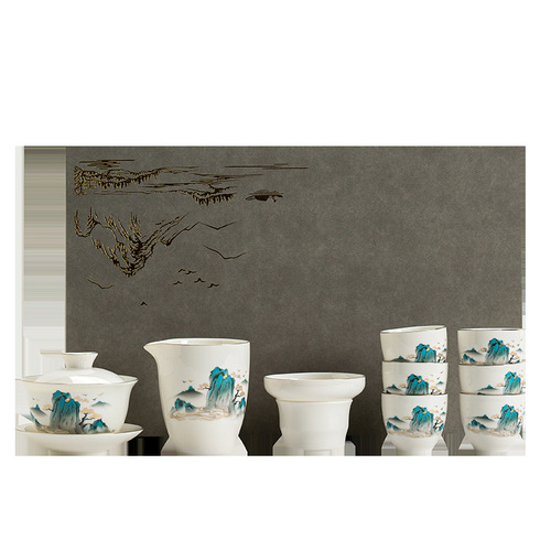 Suet-fat jade white porcelain tea set complete set business gift printing home office reception high-end tea set