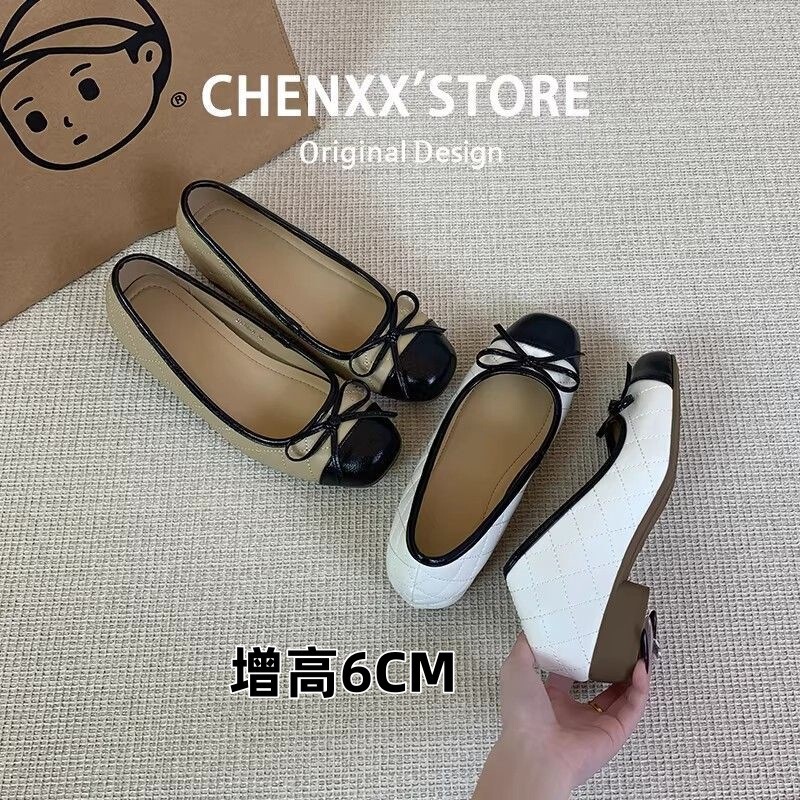 Chanel-Style Hidden Heel Ballet Flats with Bow, Women's Genuine Leather French Slip-On Shallow Soft-Soled Evening Shoes Chanel-Style Hidden Heel Ballet Flats with Bow, Women's Genuine Leather French Slip-On Shallow Soft-Soled Evening Shoes