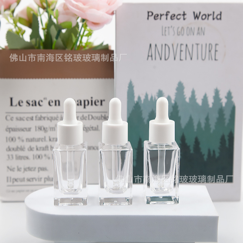 现货20ml方形滴管瓶 透明厚底精油瓶 精华液瓶原液玻璃瓶 分装瓶