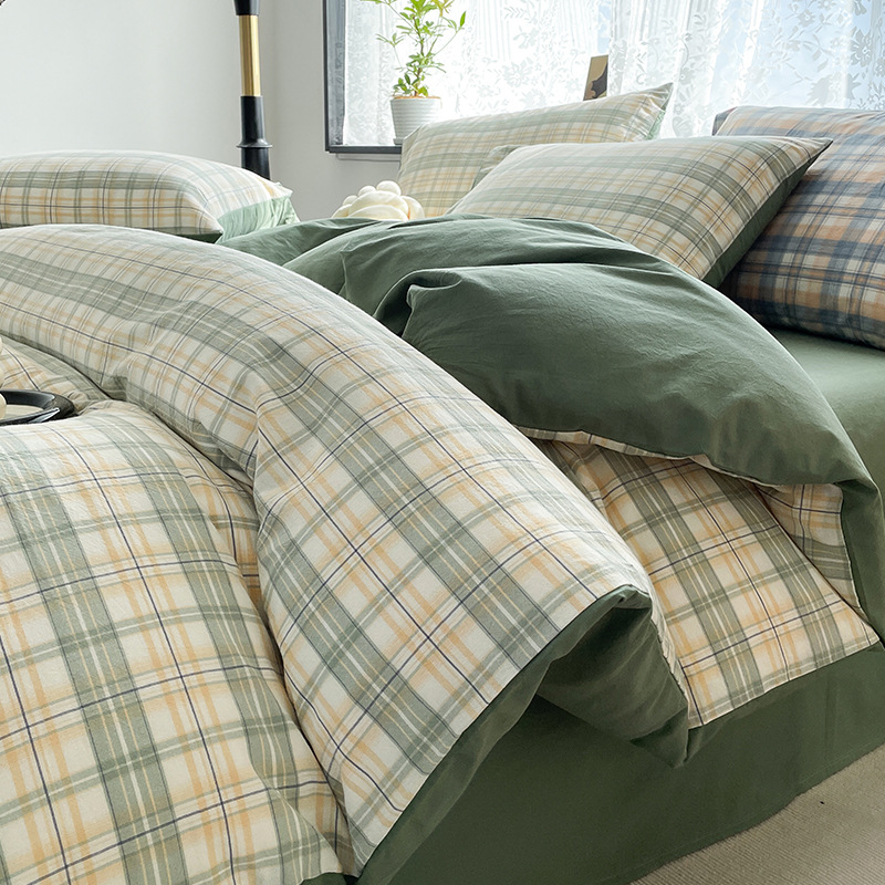 Cama de algodón lavado de algodón de cuatro piezas, sábana de algodón, funda de edredón, dormitorio de estudiantes, ropa de cama de tres piezas, ropa de cama