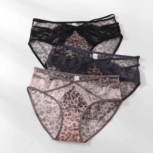 9137 Leopard Print Mesh Contrast Eyelash Lace Hollow Tape Sexy Comfortable Mid-Waist Women's Briefs