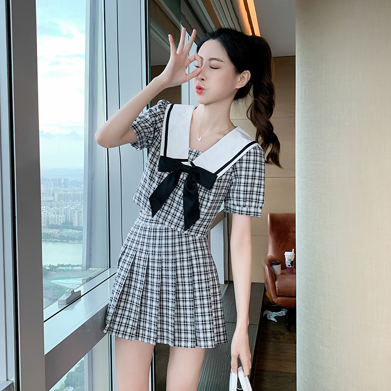 summer College wind Two piece set bow Navy collar shirt Paige lattice Pleated skirt suit Summer wear