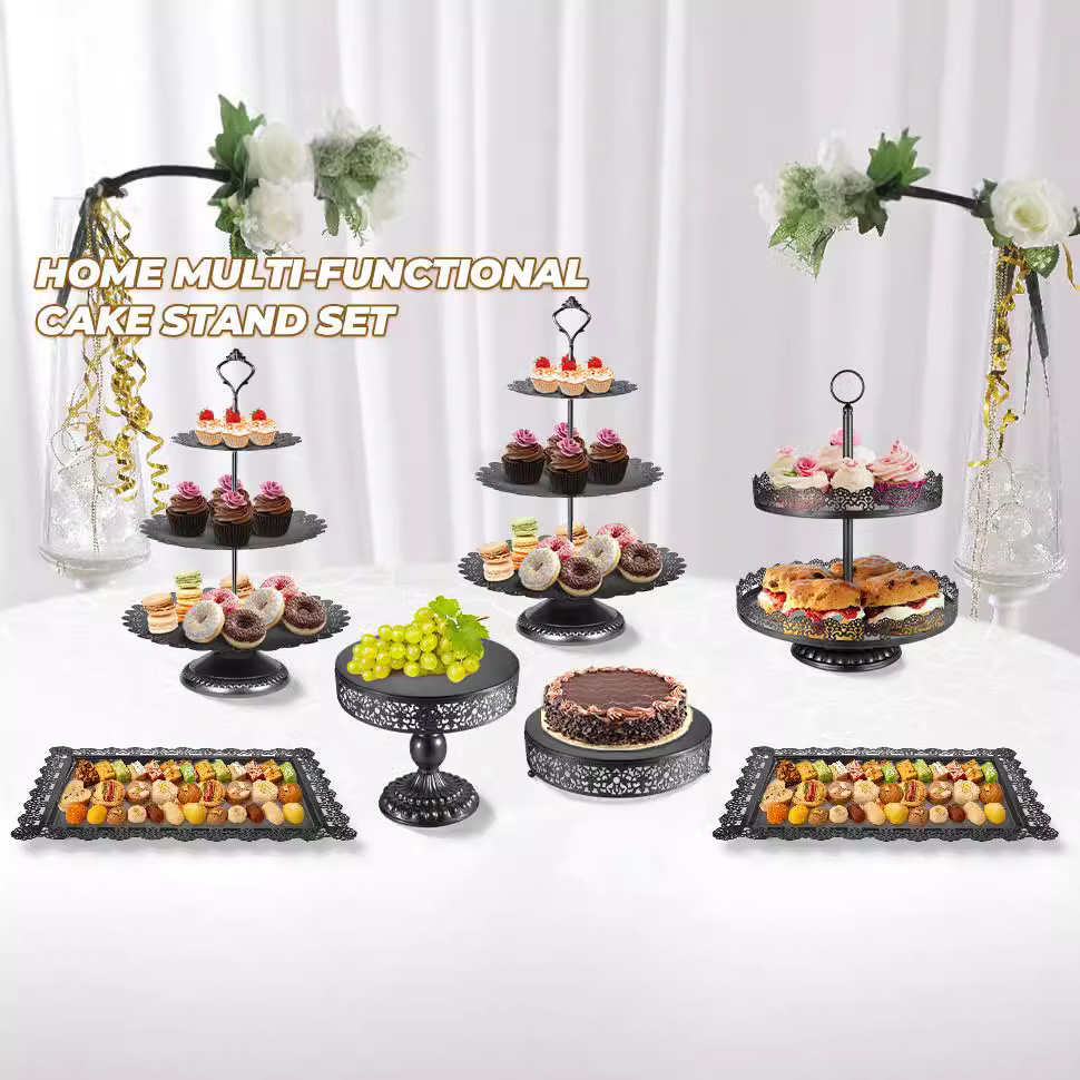 Estante de pastel negro, tabla de postres Set de exhibición Estante de cupcake de metal para pastel de cumpleaños de boda