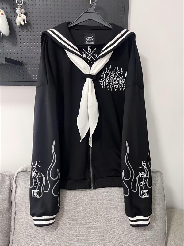 Harajuku Sweet Cool Dog Academy Sailor Jacket Black and White Navy Collar Flame Print Loose Short Cardigan Sweatshirt Harajuku Sweet Cool Dog Academy Sailor Jacket Black and White Navy Collar Flame Print Loose Short Cardigan Sweatshirt