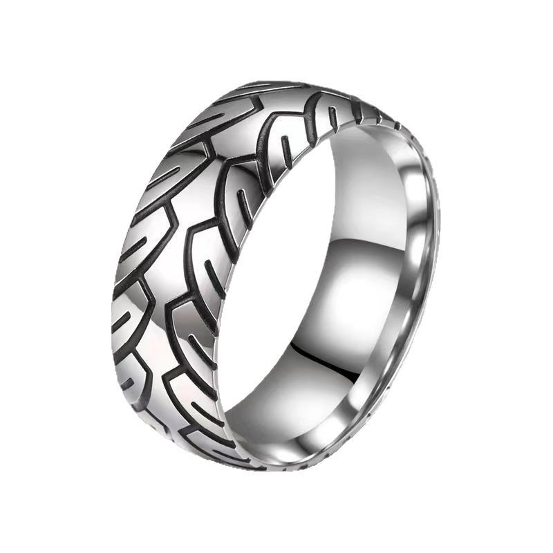 Stackable Men's Titanium Steel Ring Etched Tire Pattern Jewellery_voghion.com