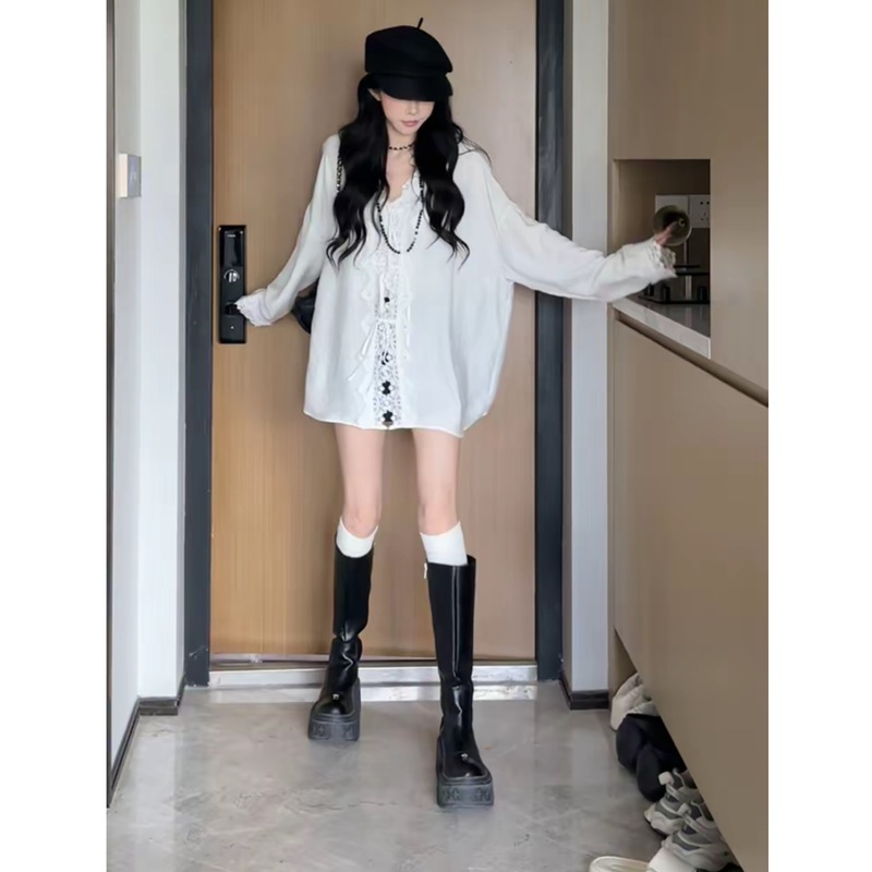 法式甜美蕾丝花边绑带别致衬衫+美背C 9080#白色纯色款拼接长袖|undefined