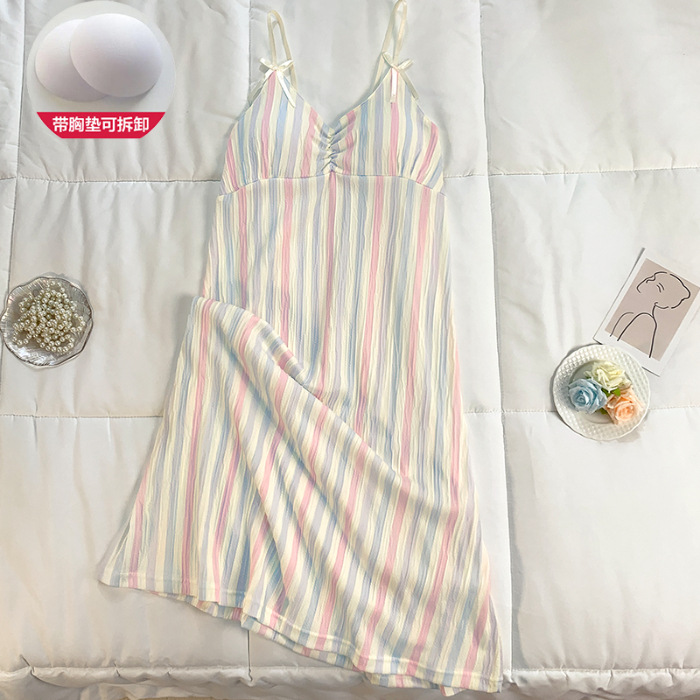 Verano nuevo estilo dulce amor camisón falda media femenina con almohadilla en el pecho lindo algodón imitación pliegue tirantes hogar camisón delgado
