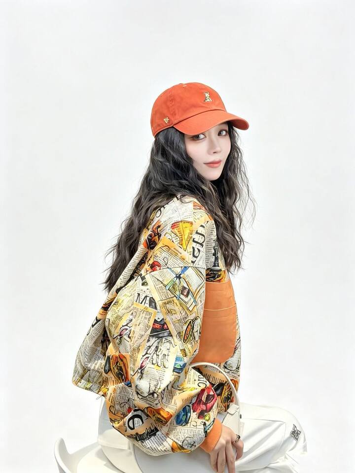 Áo khoác cardigan nữ dáng rộng họa tiết retro in 3D cổ đứng khóa kéo — Màu cam, Màu hồng chi tiết 9