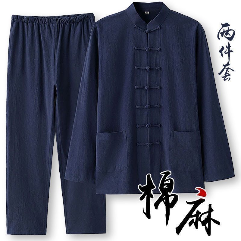 跨境中国风男装唐装男青年长袖套装中式复古棉麻禅修服居士服