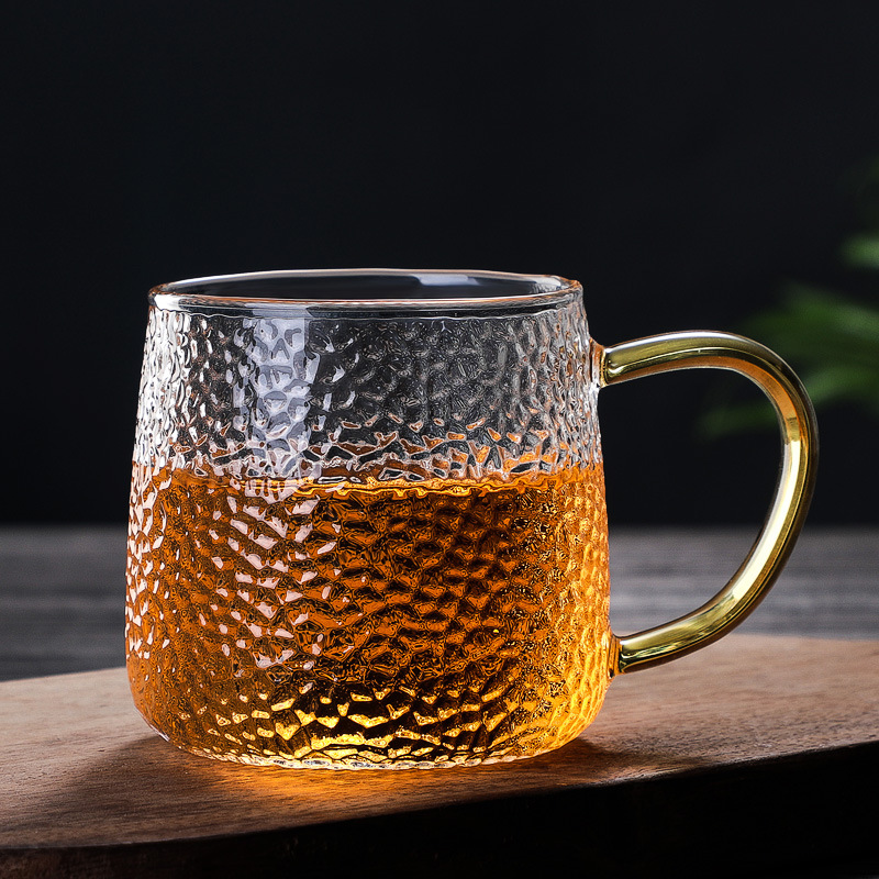 Hammer pattern floral tea glass transparent high borosilicate transparent tea juice cup office household color handle imperial concubine cup