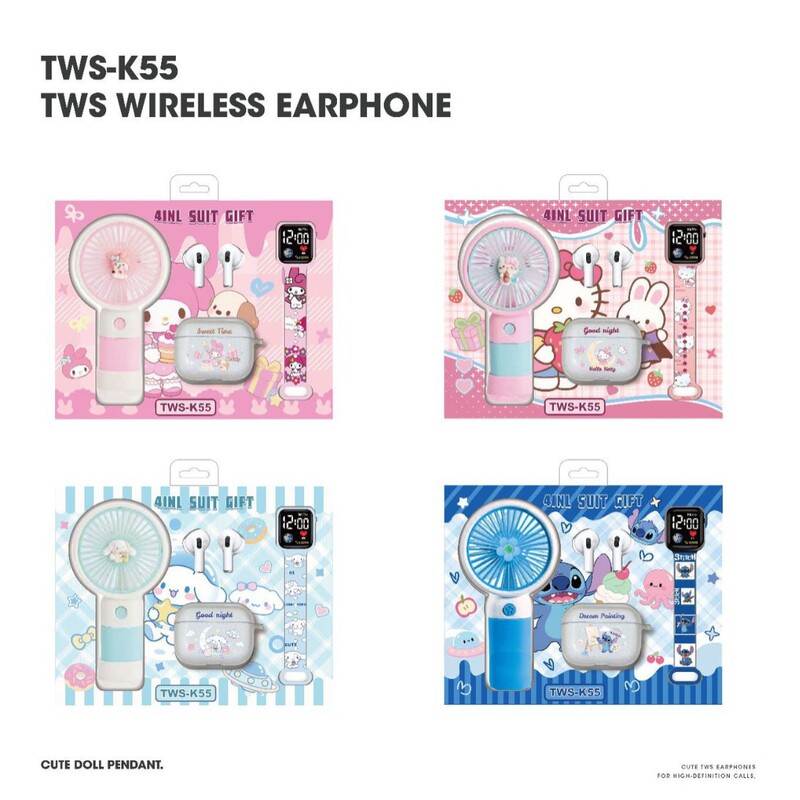 Cross-Border New Model Tws-K55 In-Ear Wireless Bluetooth Earphones 5.4 Handheld Mini Fan Watch Cartoon Silicone Case Cross-Border New Model Tws-K55 In-Ear Wireless Bluetooth Earphones 5.4 Handheld Mini Fan Watch Cartoon Silicone Case