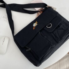 99233 韩系简约纯色卡通图案多口袋包包单肩帆布包上班通勤斜挎包