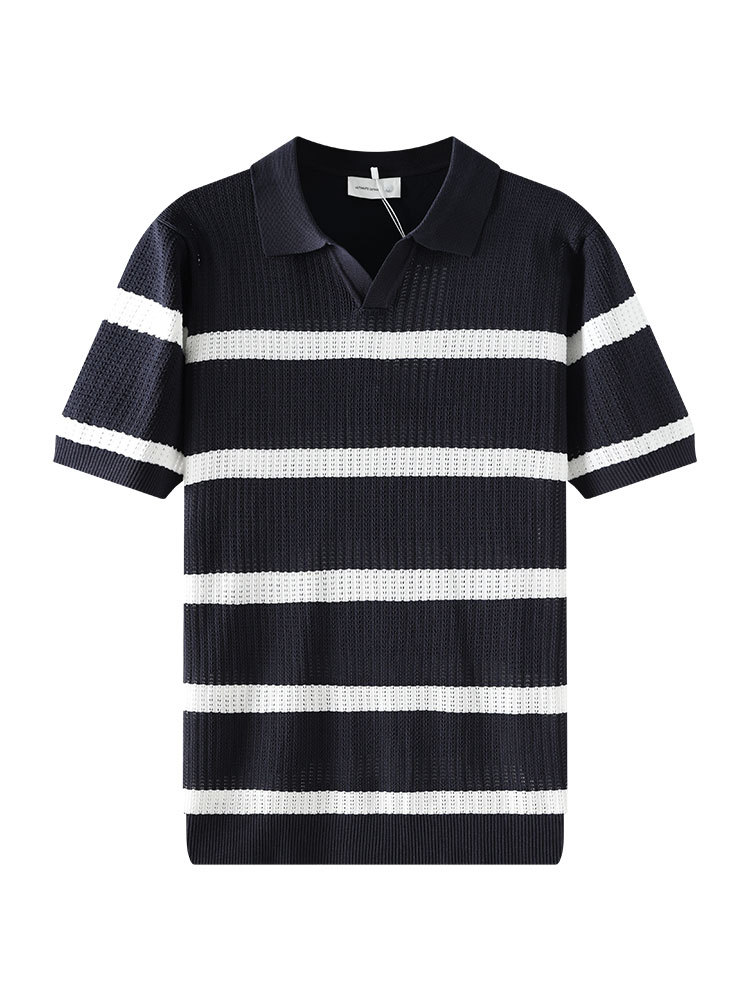 Verano hombre hueco rayas de cuello V jersey polo seda transpirable mangas cortas de negocios casuales superior