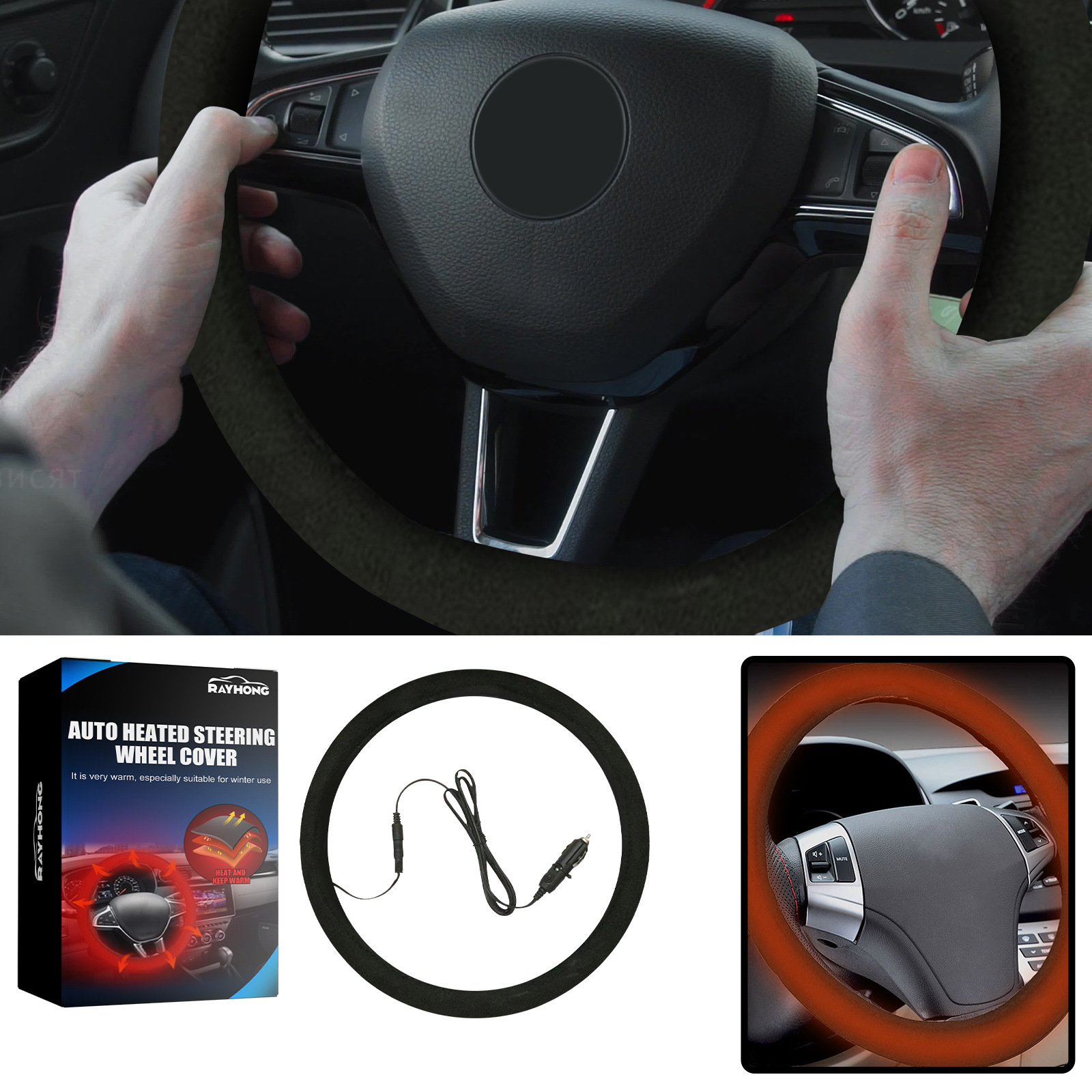 Rayhong Heated Car Handlebar Cover Universal Steering Wheel Cover Steering Wheel Hand Warmer Quick Heating Protective Cover