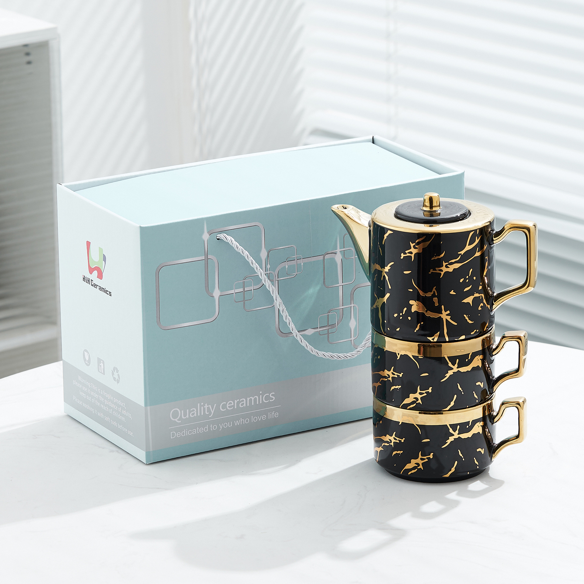 Oro marbling flor juego de té Nordic ins juego de té traje Luz de lujo tarde juego de té caja de regalo embalaje