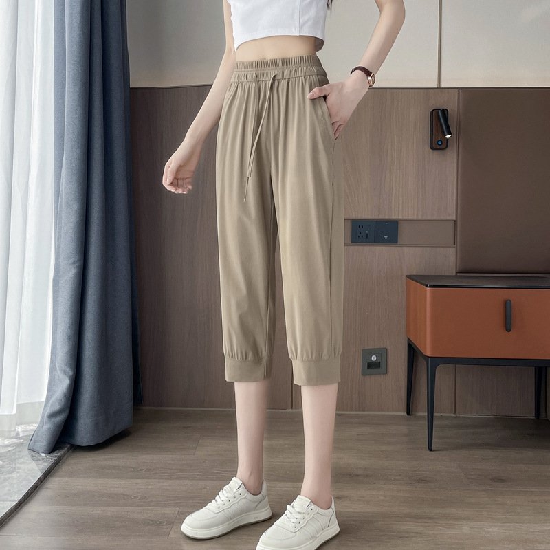 Ice Silk Cool Sports Cropped Pants for Women in Summer Loose Quick-Drying Large Size Running Breathable High-Waisted Casual Pants Summer