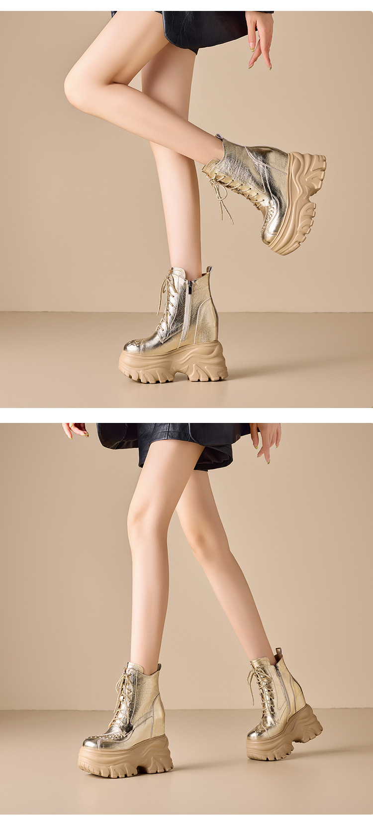 Giày boot Martin đế dày 14 cm phong cách phương Tây, nhẹ nhàng sang trọng — Lớp lót nhung đen chi tiết 3