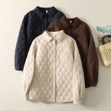 工厂直销 秋冬夹棉女式衬衫 尖领菱格加棉外套休闲保暖纯棉女衬衣