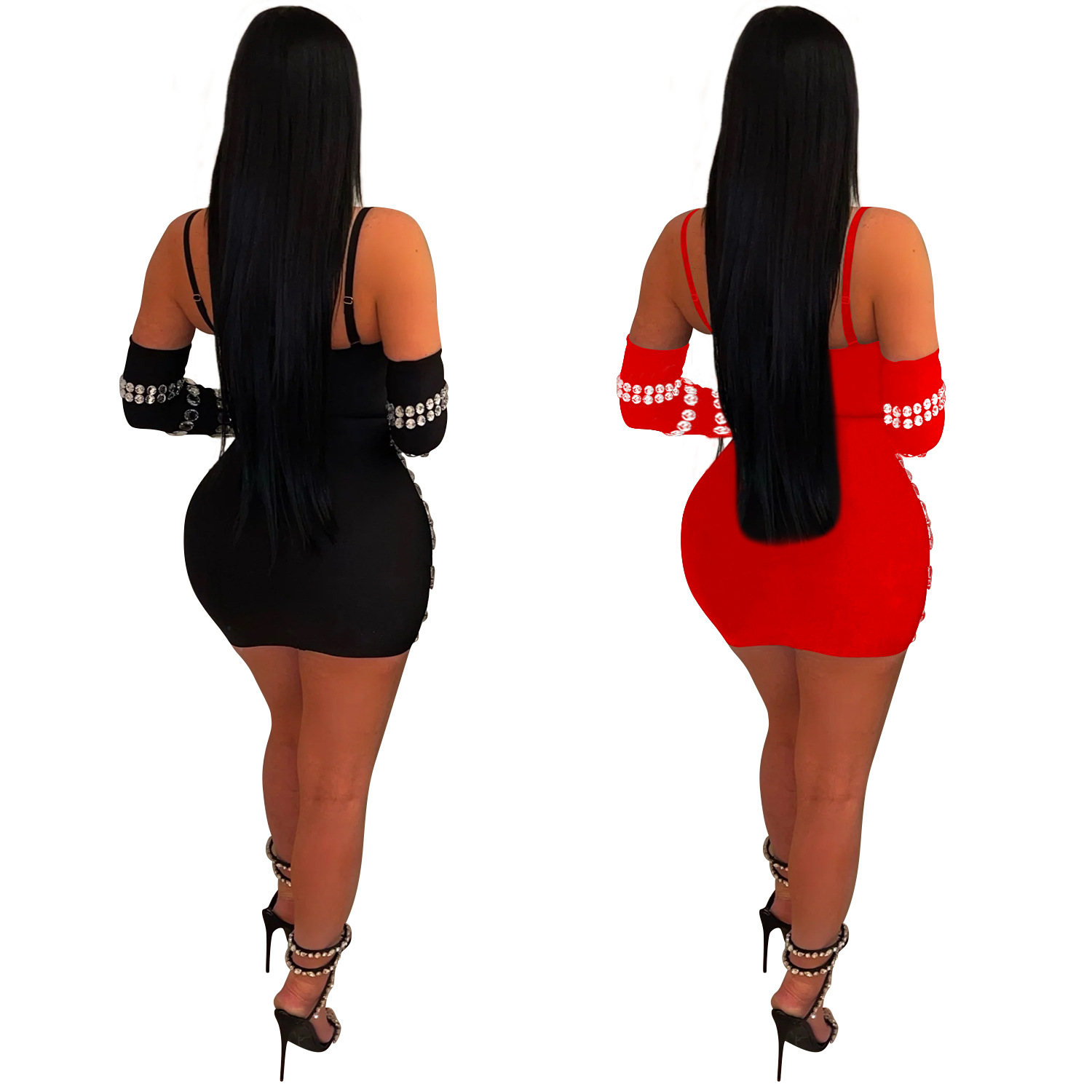C6888 Transbordador AliExpress Amazon Moda europea y americana Vestido de falda larga con guantes de honda sexy de diamantes calientes para mujer image 6