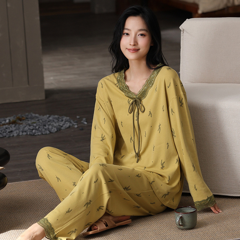 纯棉睡衣女秋冬季新款宽松可外穿长袖长裤圆领套头外穿家居服套装|undefined