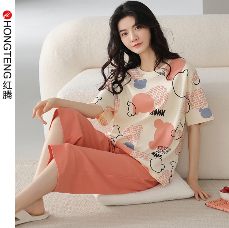 New Cotton Pajamas Women's Summer Short-sleeved Cropped Pants Korean Style Casual Summer Thin Outwear Home Suit