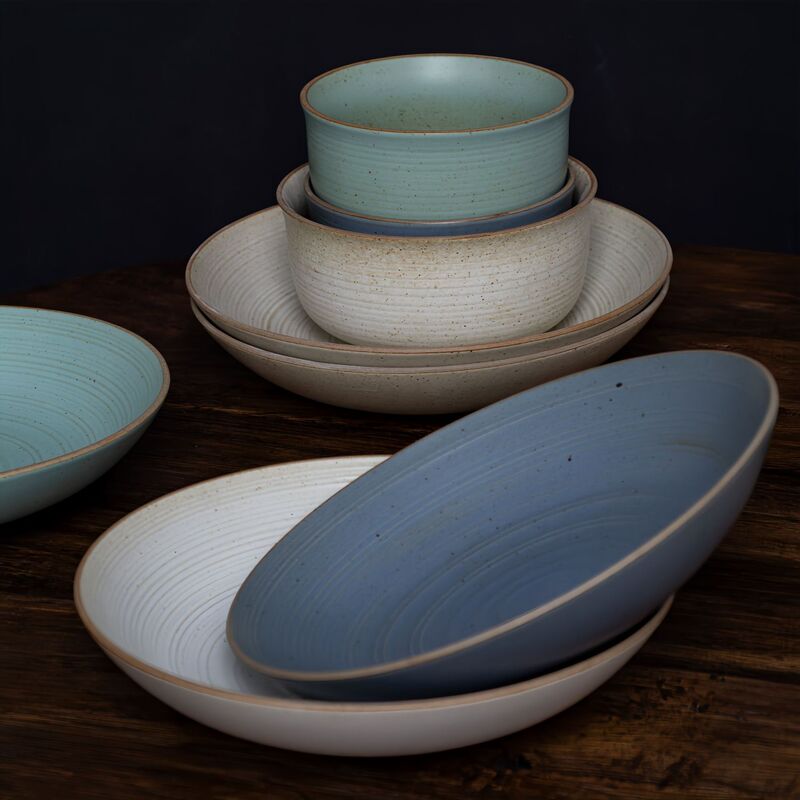 Jingdezhen Stoneware Tableware Dishes Set Household Ceramic Vintage Threaded Deep Plate Soup Plate Salah Plate Wholesale