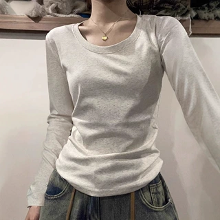 美式正肩2025秋季长袖新款修身显瘦基础百搭打底上衣百搭大圆领潮