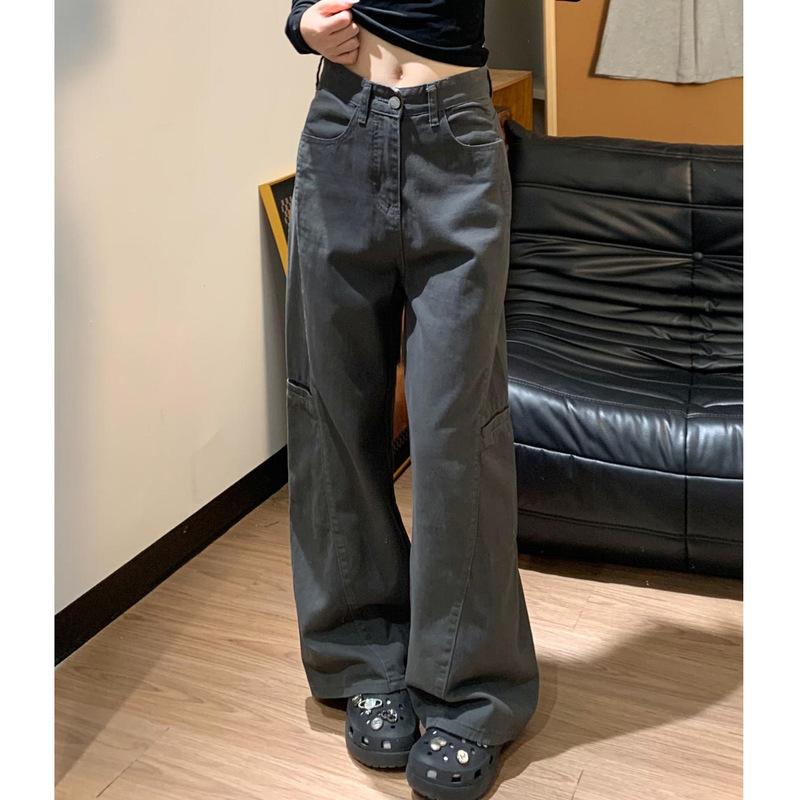 Gray Retro Narrow Cargo Pants for Women, Autumn New Petite Denim Casual Pants, High-Waisted Slimming Wide-Leg Pants