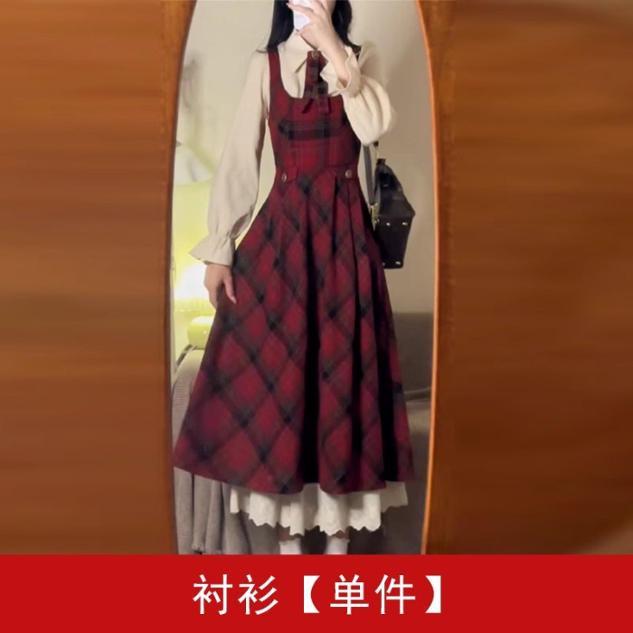 过年穿搭红色格纹背带连衣裙子女秋冬季2025新款新年战袍长裙套装|undefined