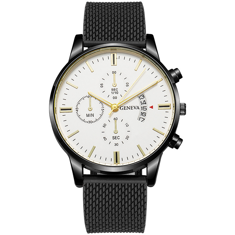 Três GENEVA Olhos Falsos Seis Agulhas Calendário Casual Moda Negócios Quartzo Cinto Relógio Masculino_voghion.com