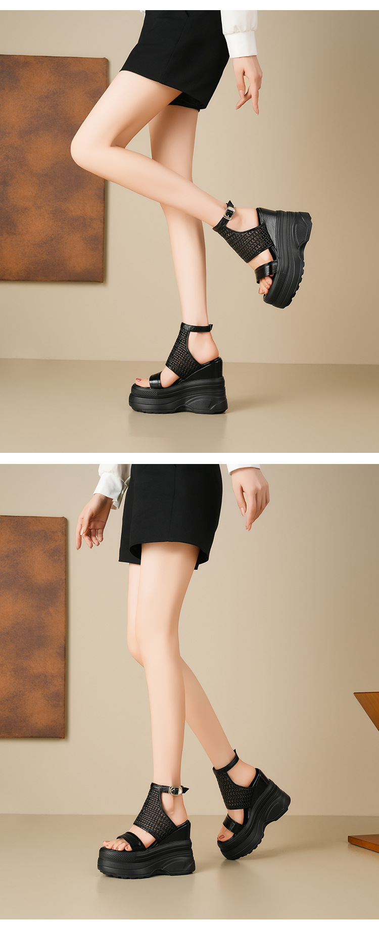 Sandal La Mã nữ đế xuồng cao gót 14 cm hở mũi thoáng khí — Màu đen, Màu vàng nhạt, Màu bạc chi tiết 12