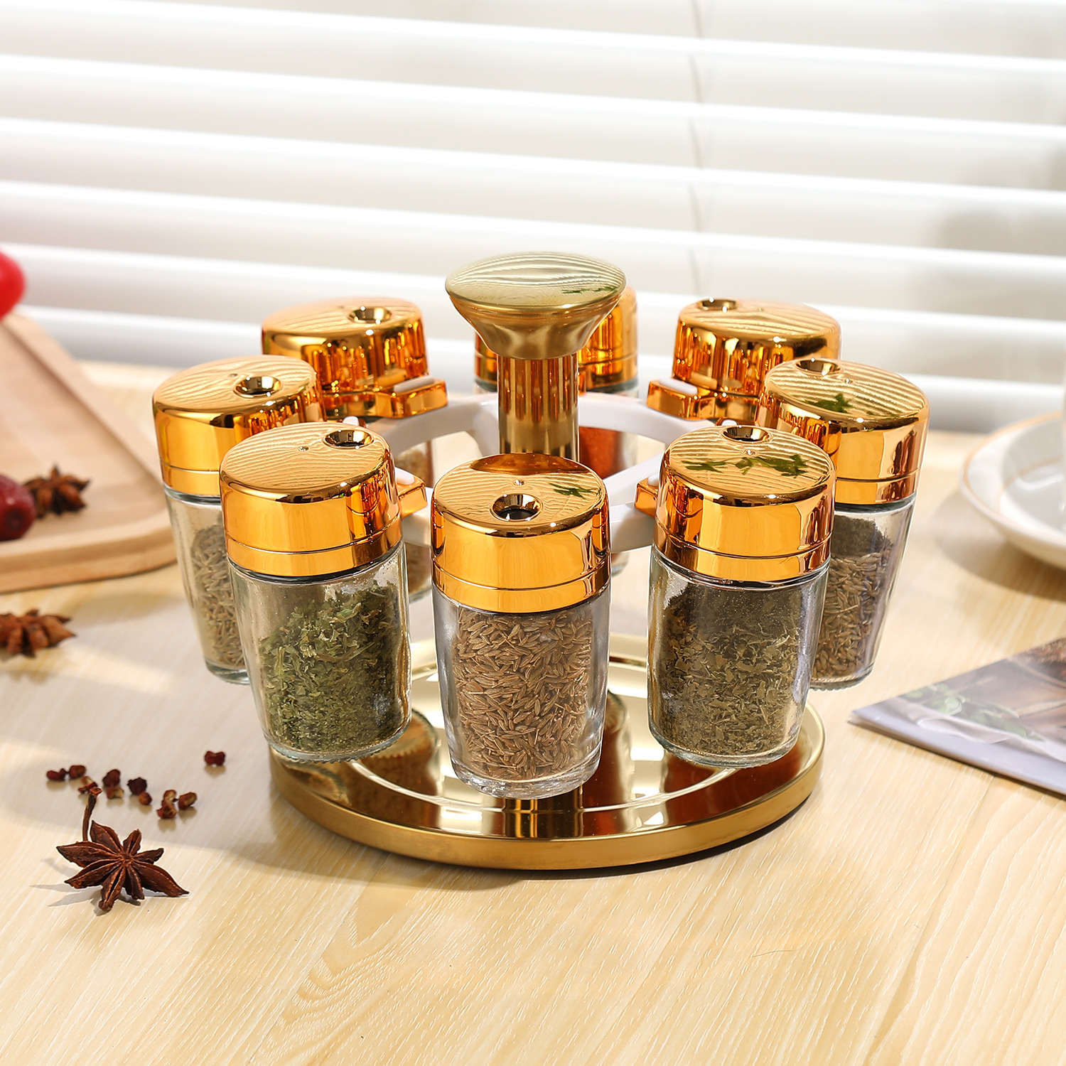Estante de almacenamiento de condimento rotativo multifuncional para artículos de cocina domésticos de sal y salsa de soja para frascos de condimento