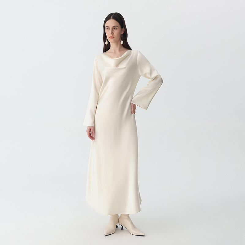 Elegant and Versatile 30mm Heavyweight Silk Dress for Women with a Draped Neckline, Curved Hem, Simple Long Sleeves, and a Slim Fit Elegant and Versatile 30mm Heavyweight Silk Dress for Women with a Draped Neckline, Curved Hem, Simple Long Sleeves, and a Slim Fit