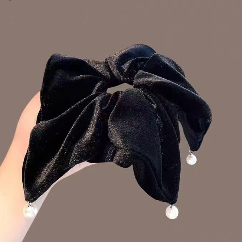 117 Бархатный квадратный шарф с бусинами для волос, черный