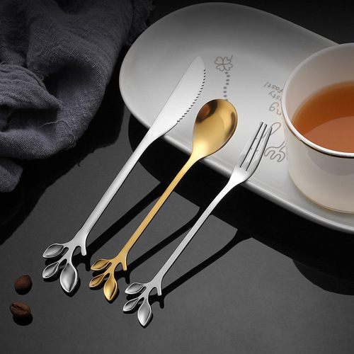 Stainless steel leaf coffee spoon Western-style tableware knife and fork spoon creative gold-plated long-handled mixing spoon fruit pick gift spoon