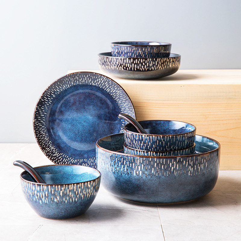 Platos de cerámica americana retro de alto valor, horno azul doméstico, tazón de arroz esmaltado, tazón de sopa, exportación transfronteriza