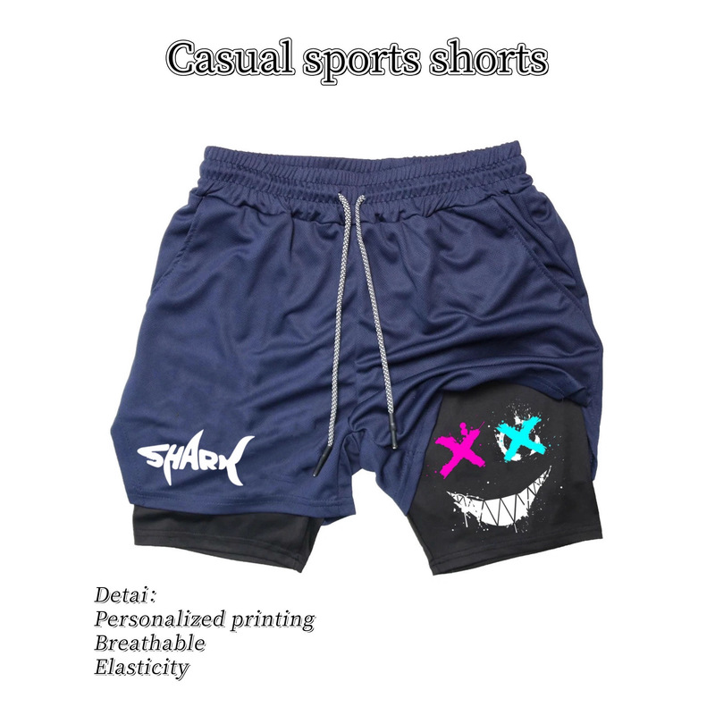 2025 Summer Men's Double Layer Running Training Shorts Shark Pattern Printed Adjustable Drawstring Waist Sports Fitness