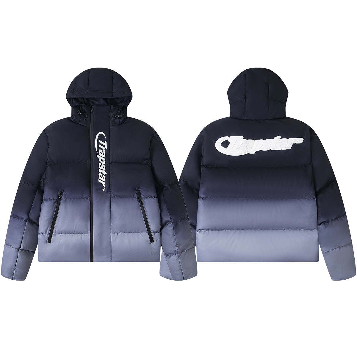 Trapstar Decoded Puffer Jacket Hooded Ombre Navy Grey