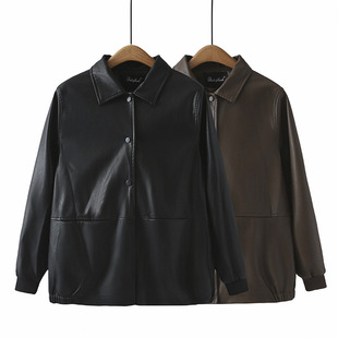 Plus Size Women's Korean Style Loose and Slim Retro Washed Lapel Leather Jacket Spring All-Match Jacket D2401