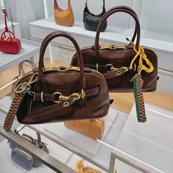 Vintage Bowling Bag Shoulder Crossbody Handbag Miu Home Top Layer Vegetable Tanned Cowhide Shell Bag Genuine Leather Women's Bag