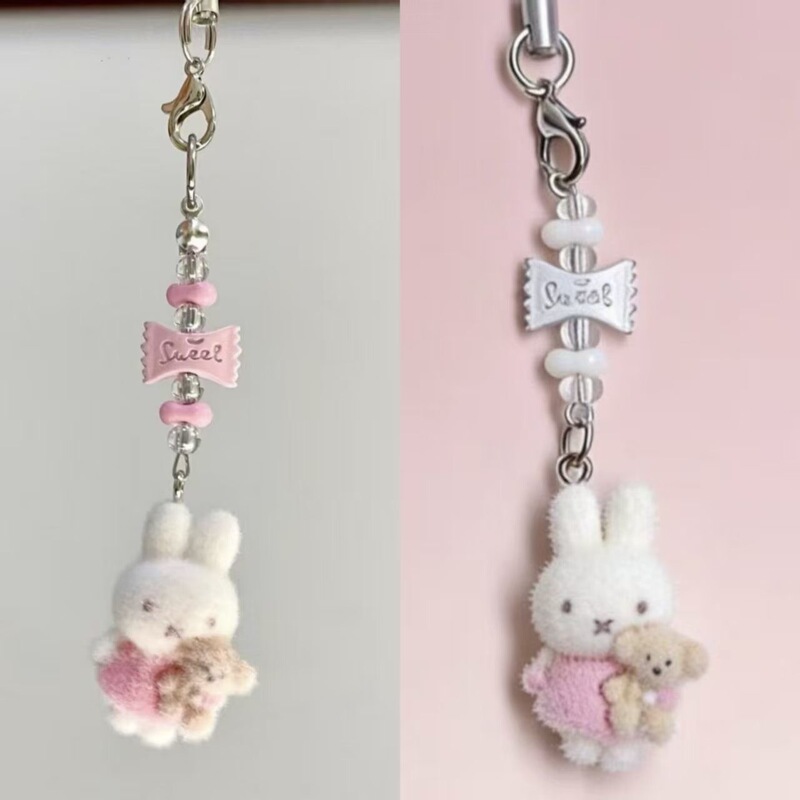 【One Miffy】Flocked Miffy Beaded Phone Strap Cute Pendant for Girls Birthday Gift DIY Handmade 【One Miffy】Flocked Miffy Beaded Phone Strap Cute Pendant for Girls Birthday Gift DIY Handmade