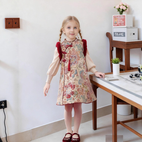 Thick national style 2025 girls 'cotton clothes New Year's clothes, cotton dress, red warm holiday children's dress