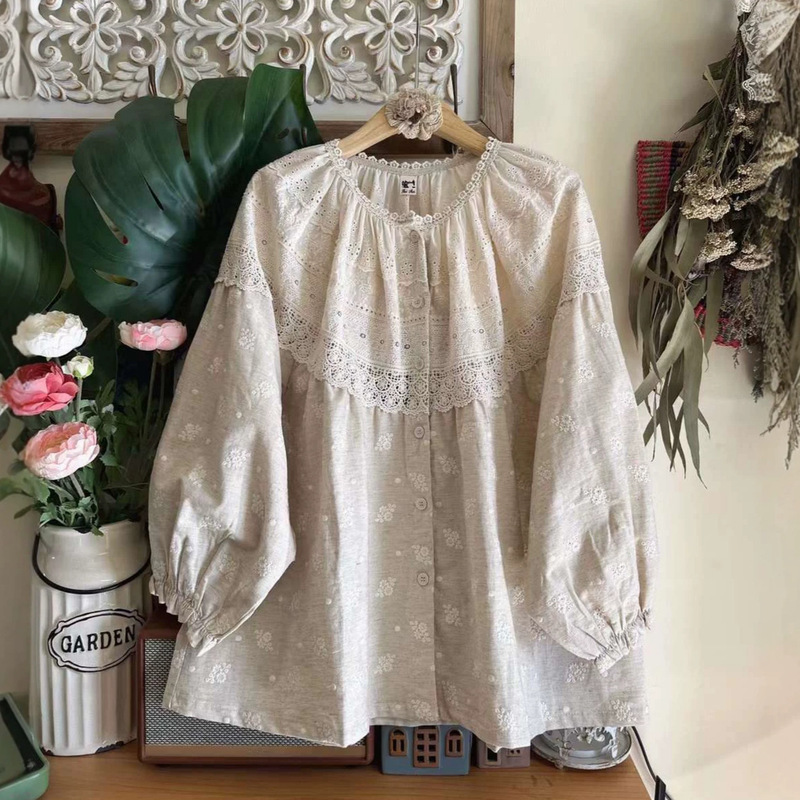 50892 New Forest-Style Round-Neck Lace-Up Hollow-Out Cotton Embroidered Shirt, Loose and Versatile, Sweet and Cute, Solid Color, Long 50892 New Forest-Style Round-Neck Lace-Up Hollow-Out Cotton Embroidered Shirt, Loose and Versatile, Sweet and Cute, Solid Color, Long