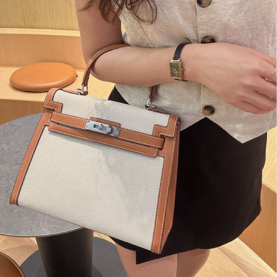 Canvas kelly 新款凯莉一代帆布配皮时尚手提包单肩斜挎包包女